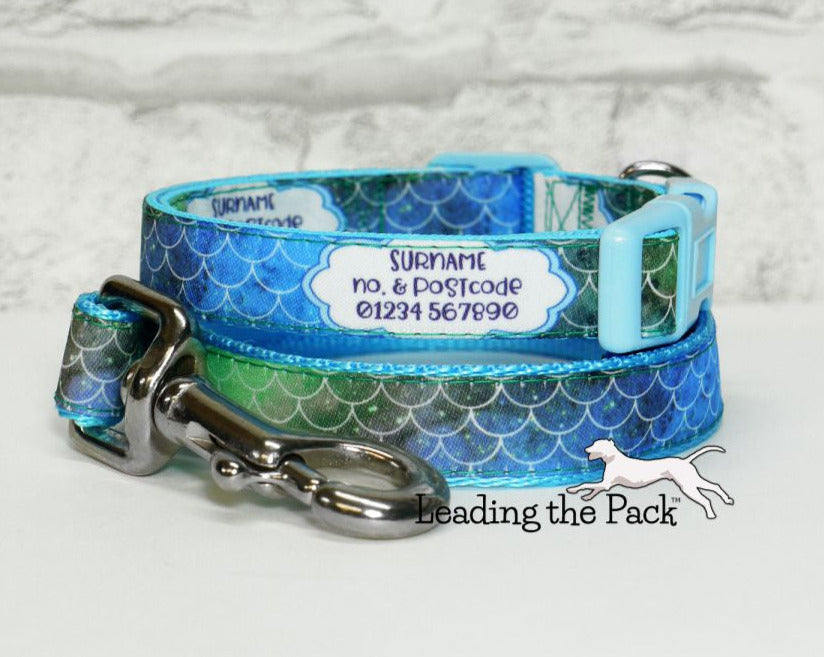Personalised contact green-blue scales 15mm dog collars & leads