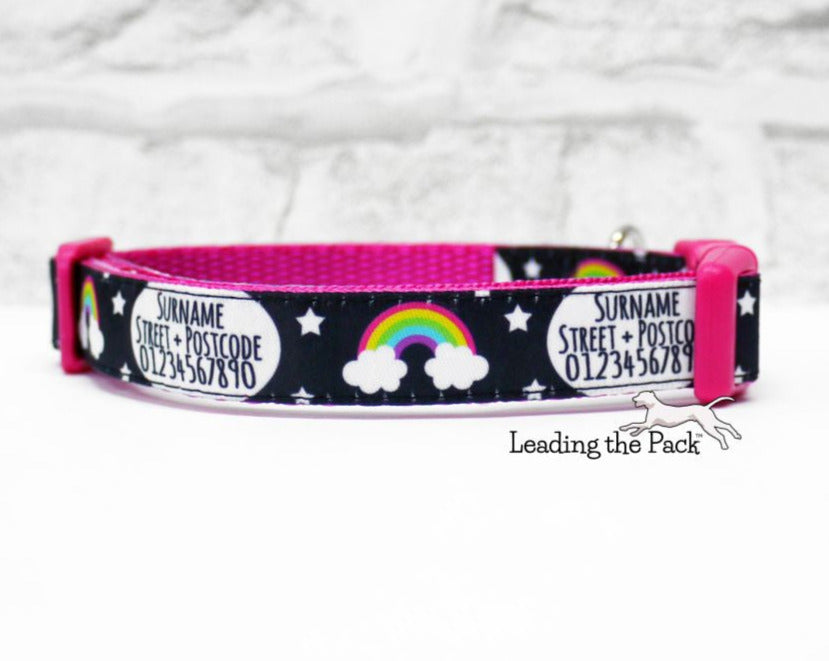 Personalised contact black rainbows 15mm dog collars & leads
