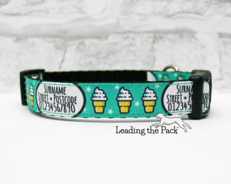 Personalised contact teal ice creams 15mm dog collars & leads