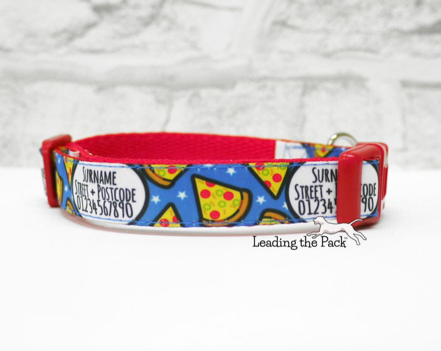 Personalised contact blue pizza 15mm dog collars & leads
