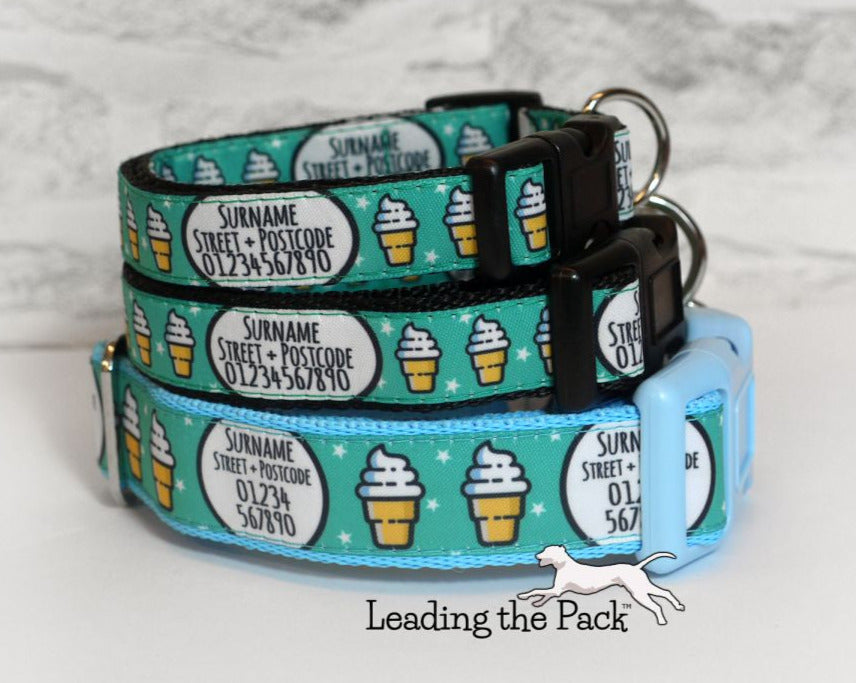 Personalised contact teal ice cream 20/25mm dog collars & leads