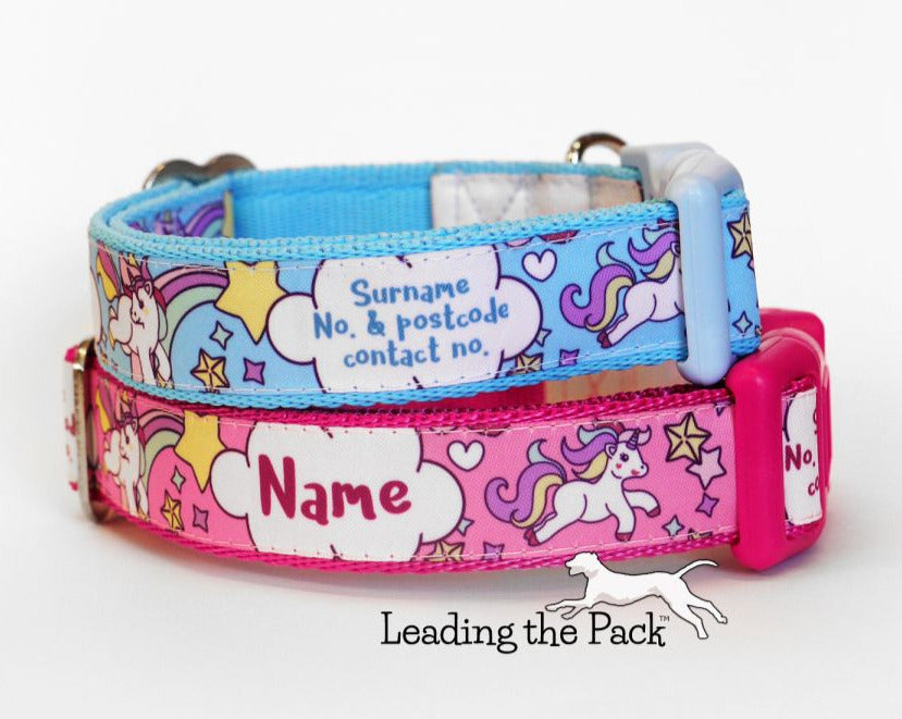 Personalised contact cute unicorns 20/25mm dog collars & leads