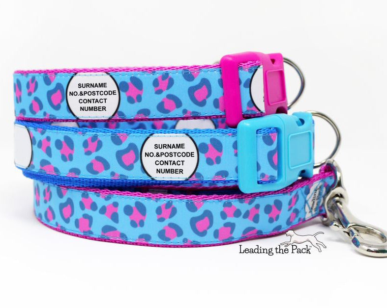 Personalised contact blue-pink leopard 20/25mm dog collars & leads