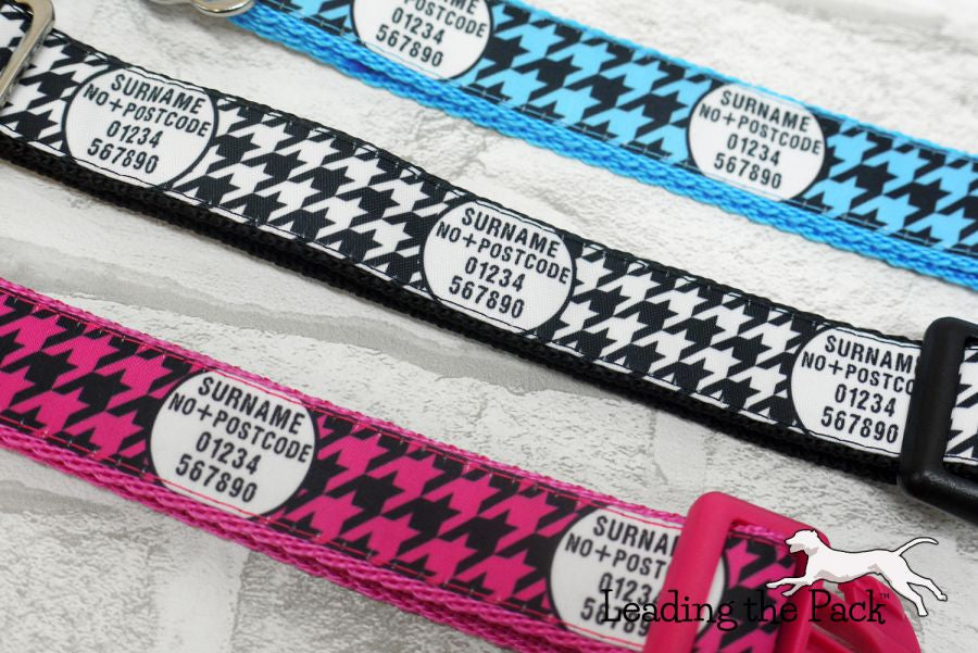 Personalised contact houndstooth 20/25mm dog collars & leads