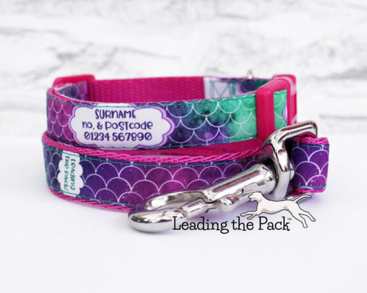 Personalised contact green-pink scales 15mm dog collars & leads