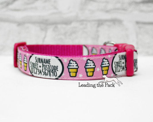 Personalised contact pink ice creams 15mm dog collars & leads