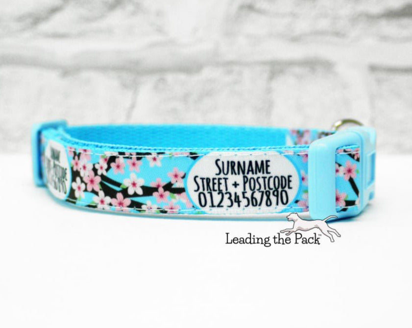 Personalised contact cherry blossom 15mm dog collars & leads