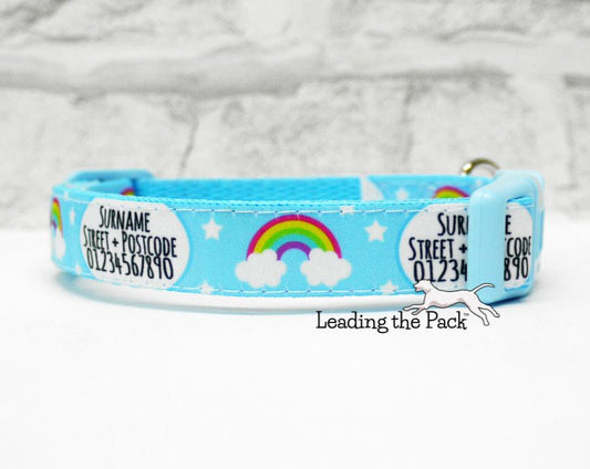 Personalised contact blue rainbows 15mm dog collars & leads