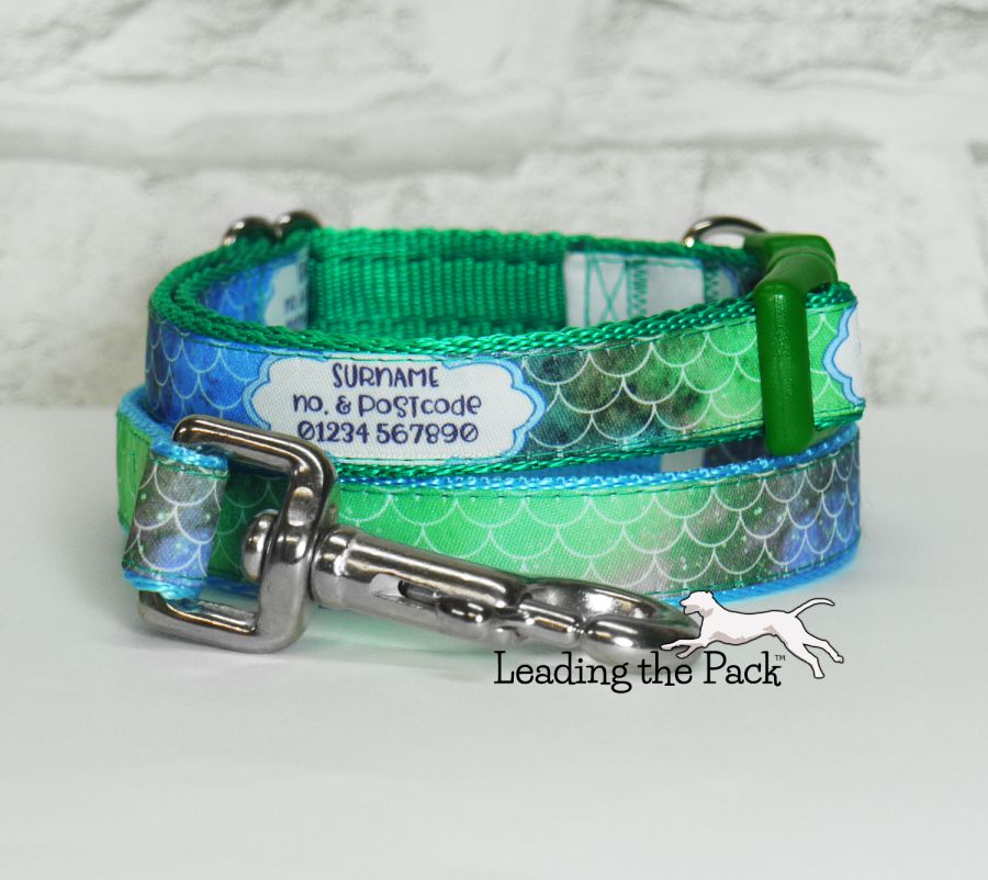 Personalised contact green-blue scales 20/25mm dog collars & leads