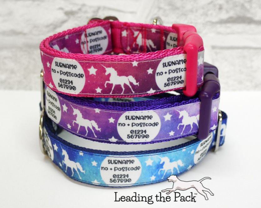 Personalised contact galaxy unicorn 20/25mm dog collars & leads