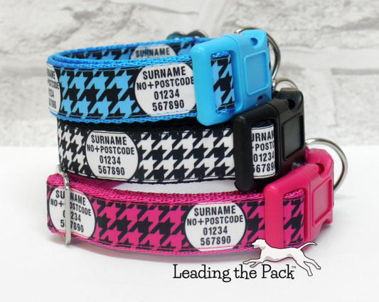 Personalised contact houndstooth 20/25mm dog collars & leads