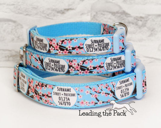 Personalised contact cherry blossom 20/25mm dog collars & leads