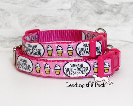 Personalised contact pink ice cream 20/25mm dog collars & leads