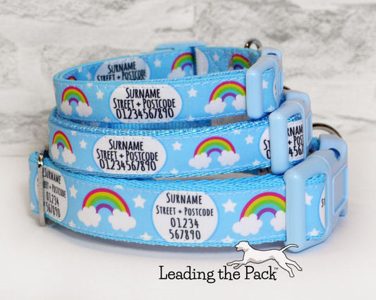 Personalised contact blue rainbows 20/25mm dog collars & leads