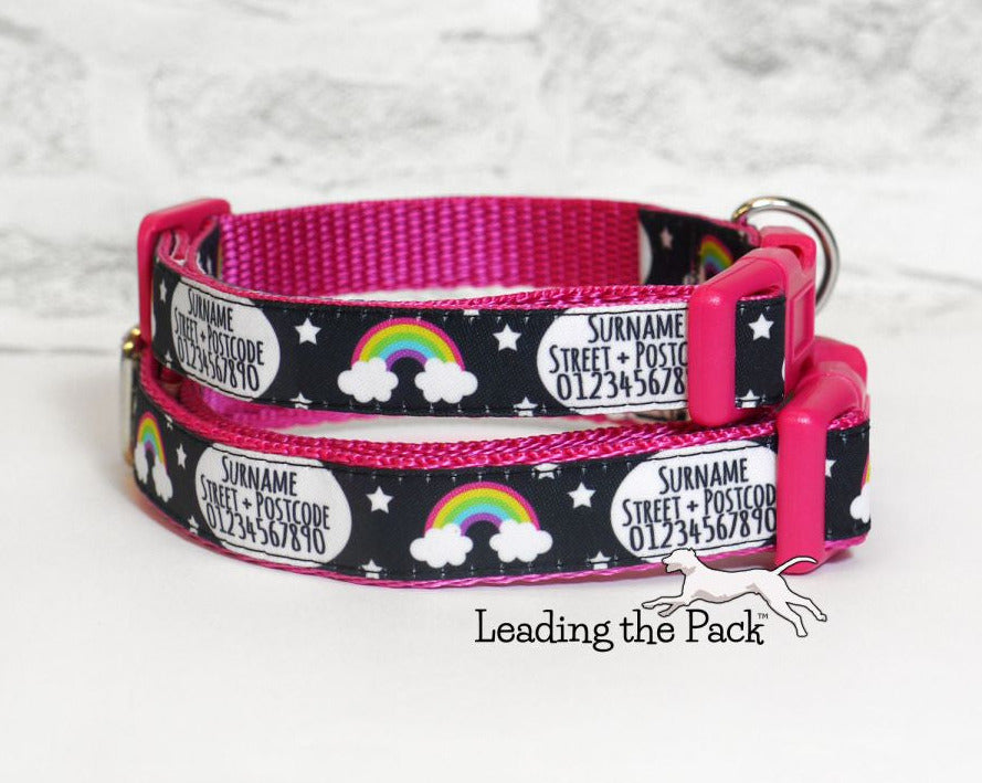 Personalised contact black rainbows 20/25mm dog collars & leads