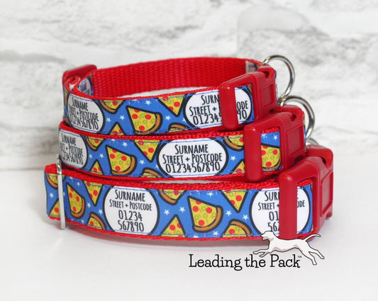 Personalised contact blue pizza 20/25mm dog collars & leads