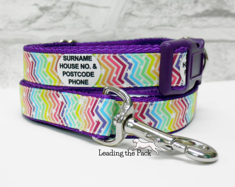 Personalised contact rainbow chevrons 20/25mm dog collars & leads