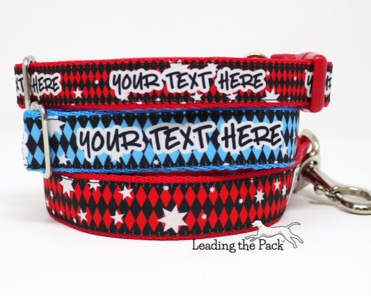 Personalised harlequin 20/25mm dog collars & leads