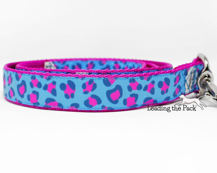 Blue-pink leopard 20/25mm dog collars & leads