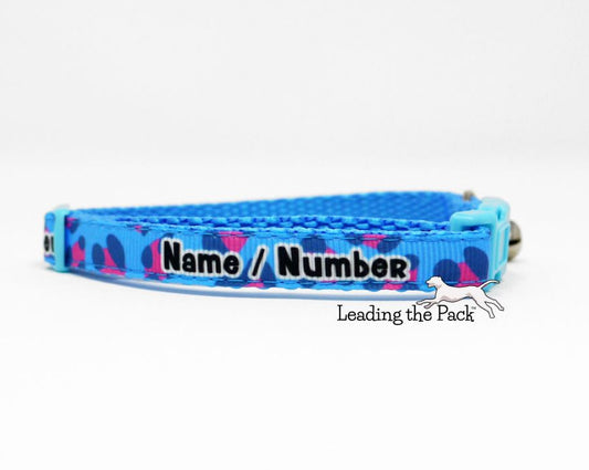 Personalised contact blue-pink leopard 10mm collars and leads