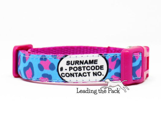 Personalised contact blue-pink leopard 15mm dog collars & leads