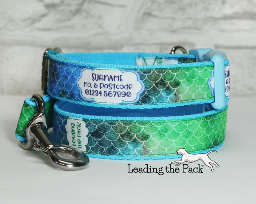 Personalised contact green-blue scales 20/25mm dog collars & leads