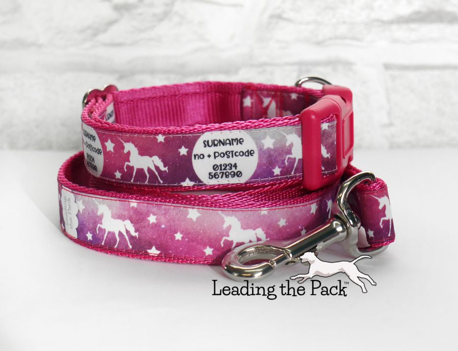 Personalised contact galaxy unicorn 20/25mm dog collars & leads