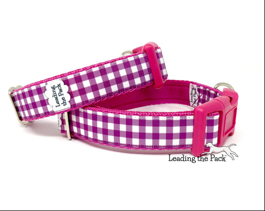 Plum gingham 20/25mm dog collars & leads